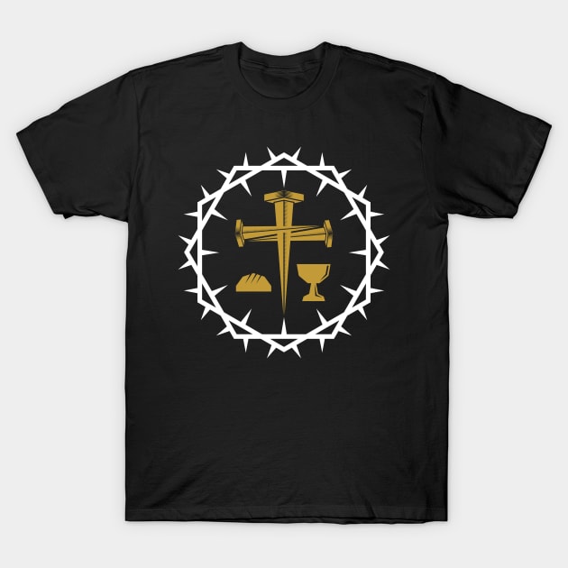 A cross made of nails, symbols of Holy Communion framed by a crown of thorns. T-Shirt by Reformer